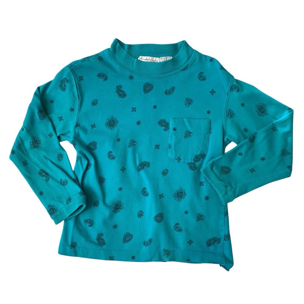 VINTAGE 80s 90s Tee Shirt Long Sleeves Paisley Teal Aqua Green Mockneck Heart